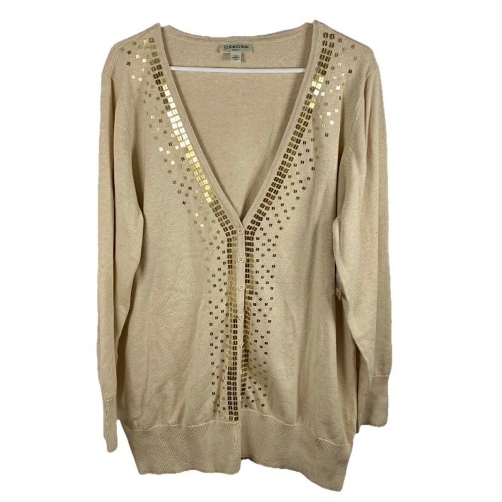 NWT St John's Bay Long Cardigan Sweater Tan Beige Women 1X Gold Sequins Dressy‎